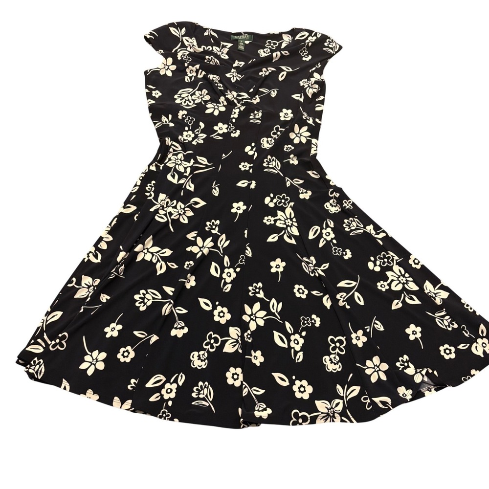 Lauren Ralph Lauren | Navy Blue Floral Fit and Flare Cap Sleeve Dress | Size 12